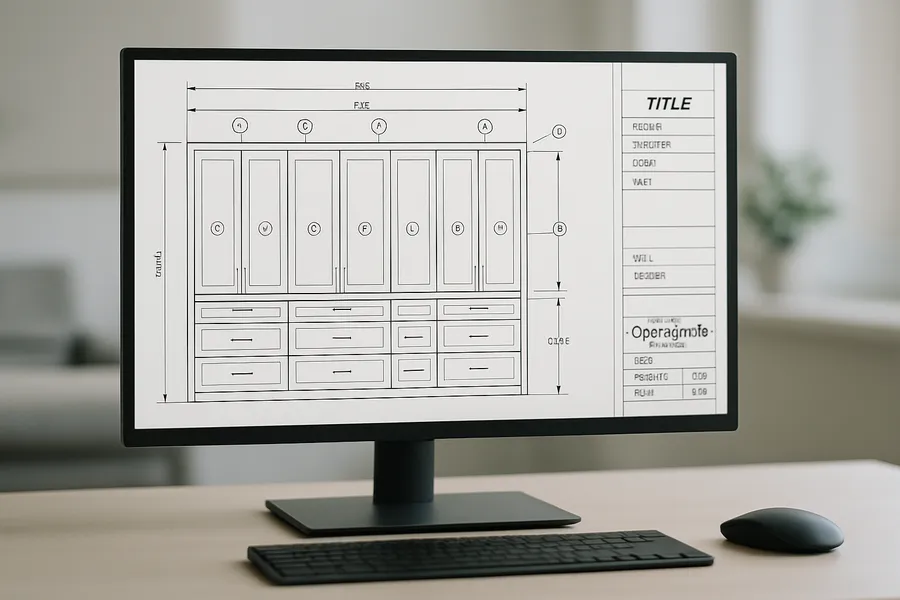 Computer screen showing cabinet drawings for a quote request